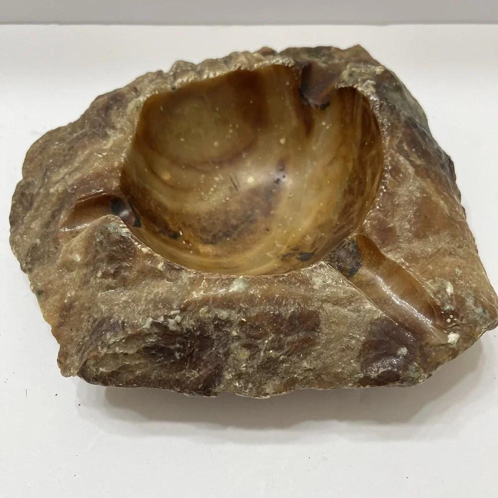 Vintage Alabaster Ashtray/Trinket Holder Brutalist Rough Live Edges Browns 7.5x3